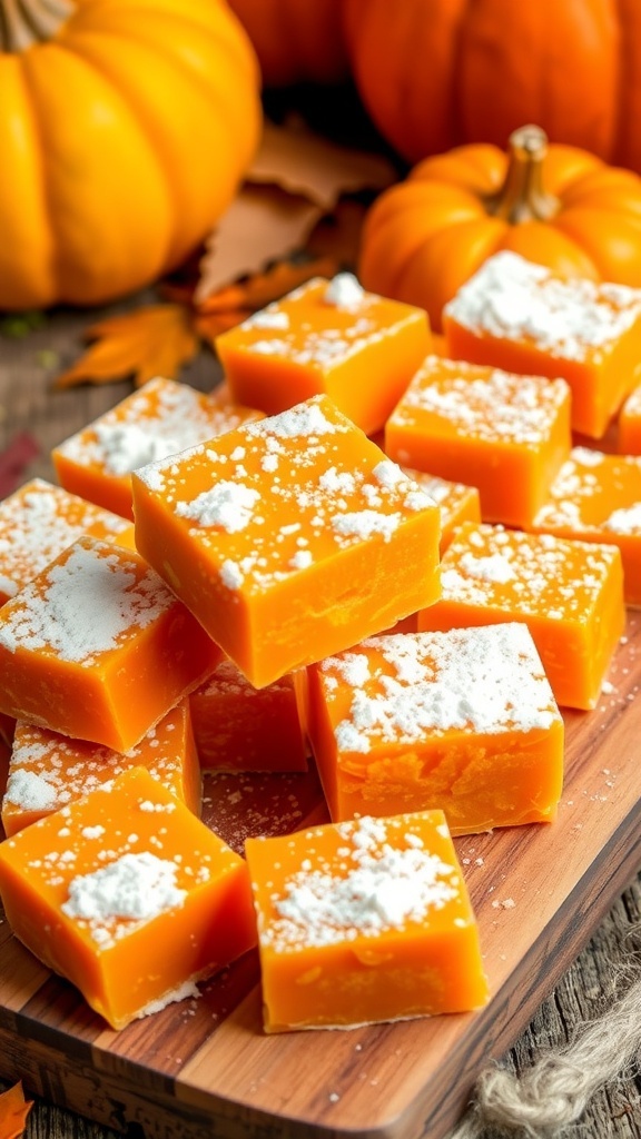 Pumpkin Kandi Recipe Pumpkin kandi squares dusted with powdered sugar on a wooden board with pumpkins and autumn leaves.